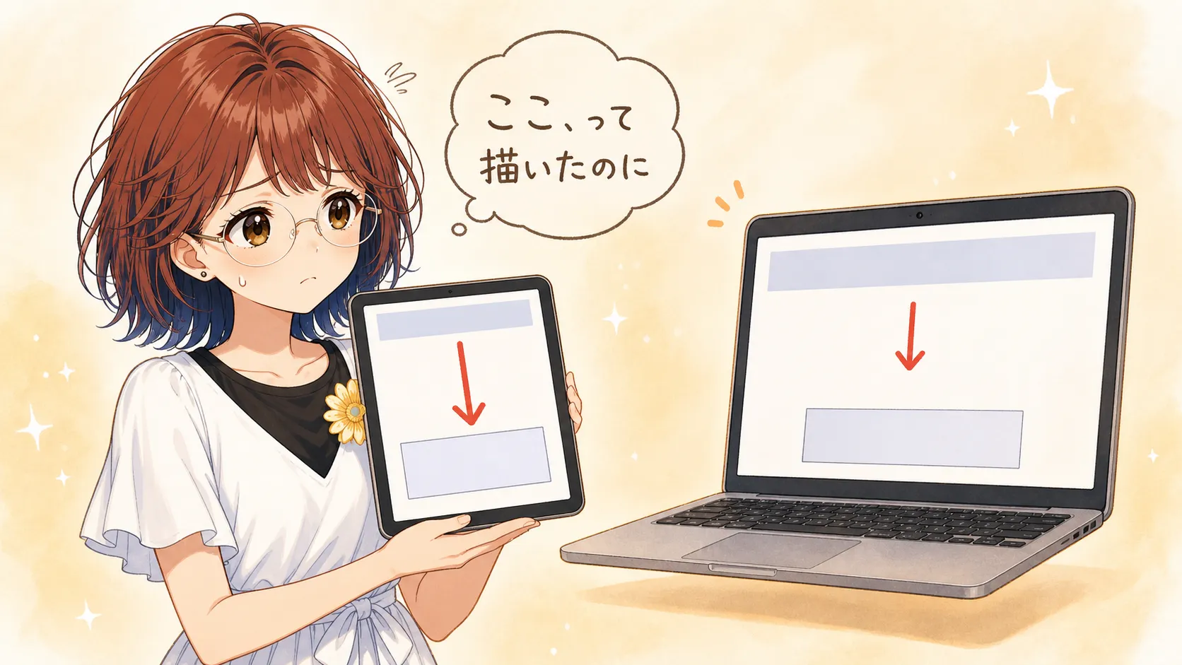 赤い矢印だけを描いたスクリーンショットを見せる女性と、その矢印が枠に届いていない画面を表示したノートパソコン