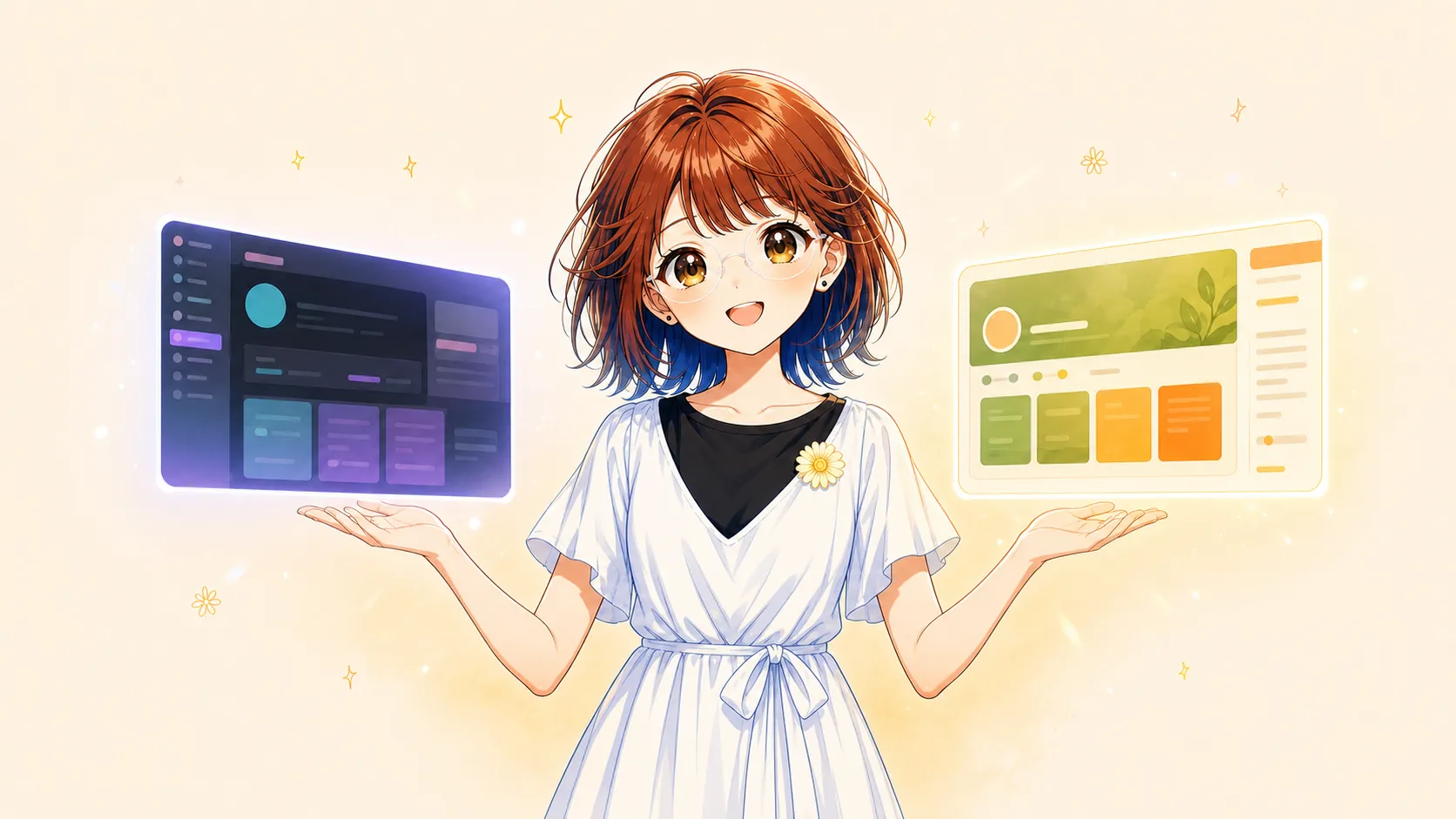 suzuminがシアン×紫のダークなUIカードとモスグリーン×オレンジの明るいUIカードを両手に持って見せているイラスト