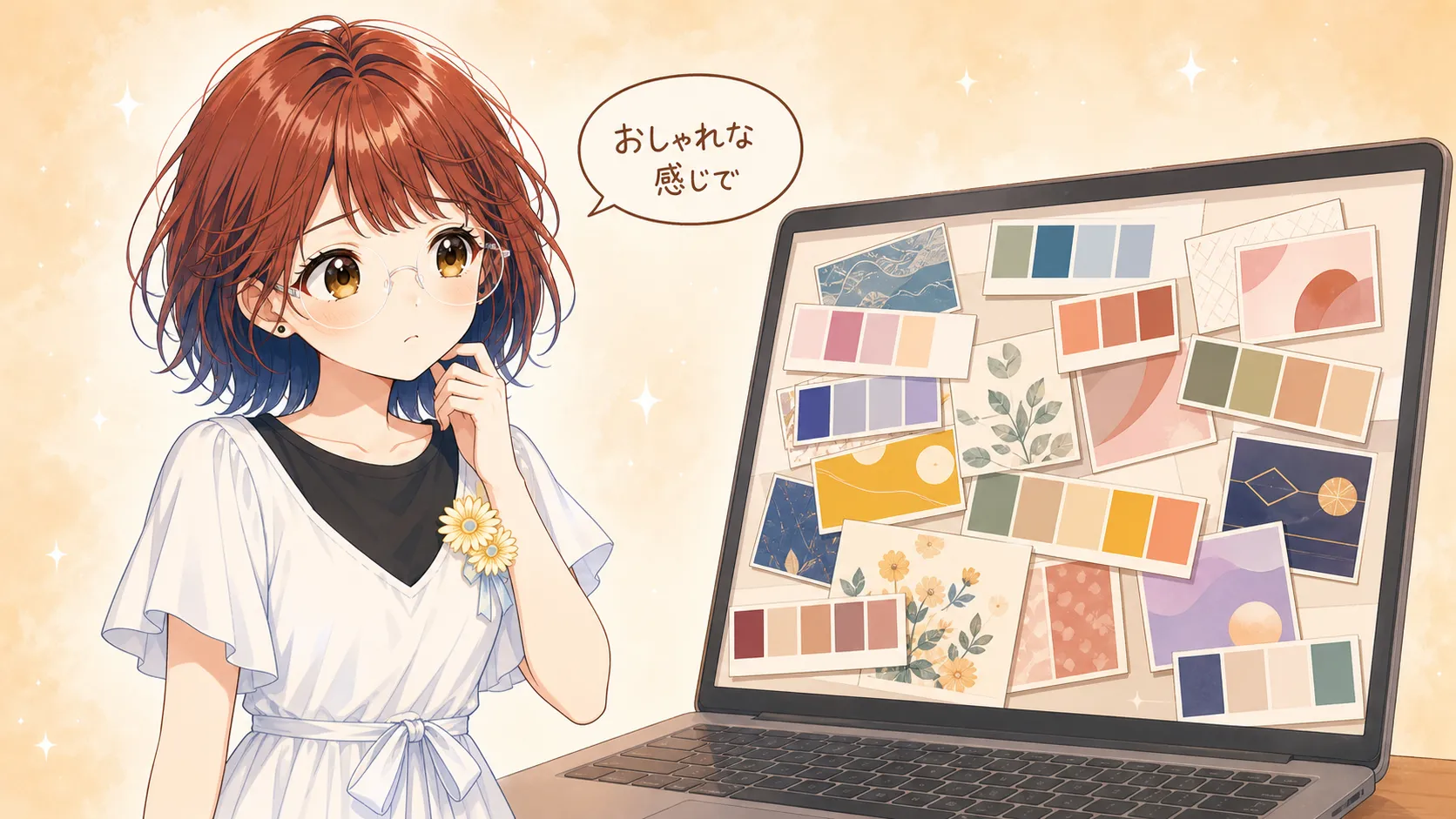 「おしゃれな感じで」と頼む人物の横で、まとまりのない配色見本がバラバラに並んでいるパソコン画面