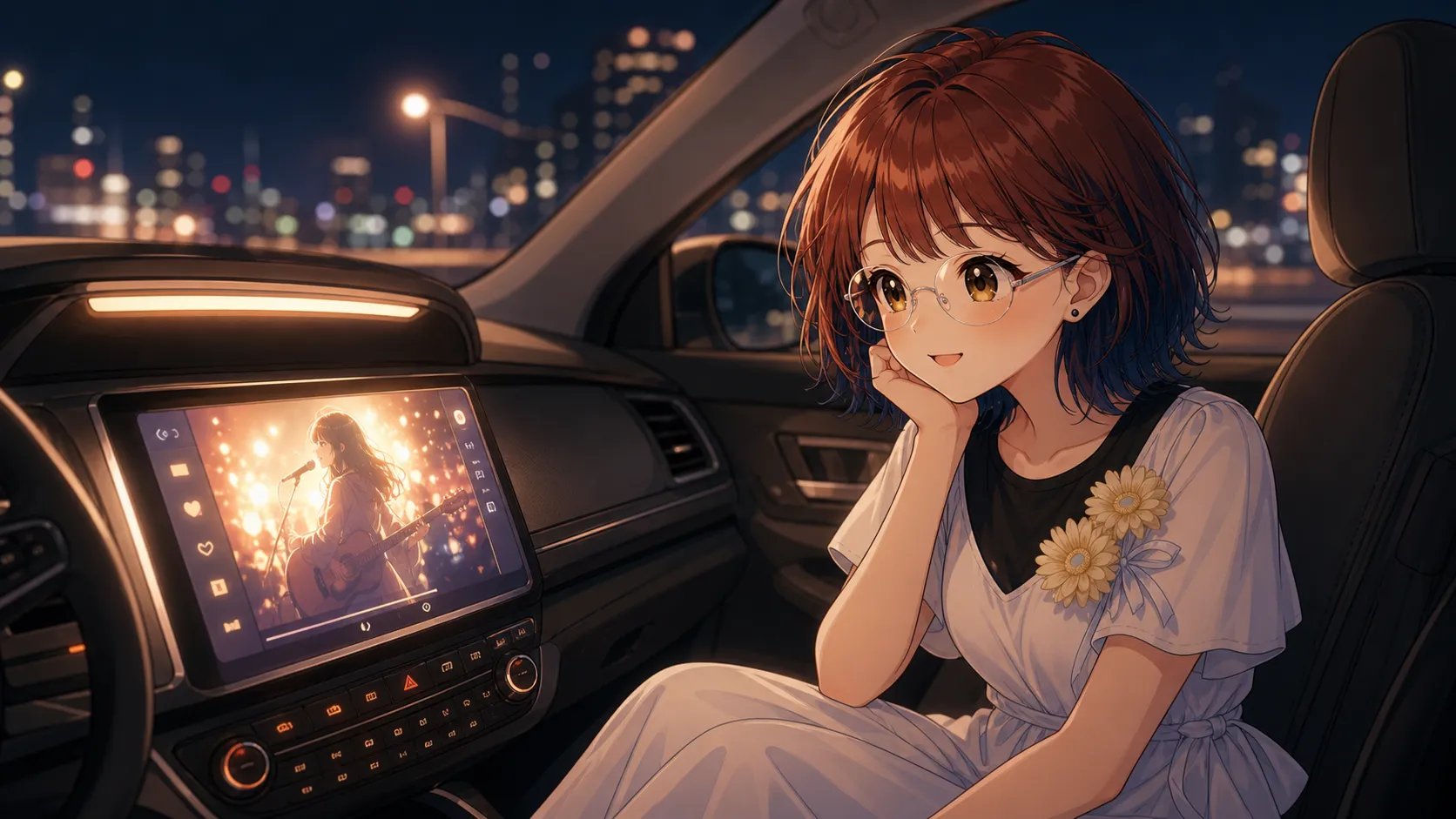 夜の車内でカーナビの字幕付き動画を見るsuzumin