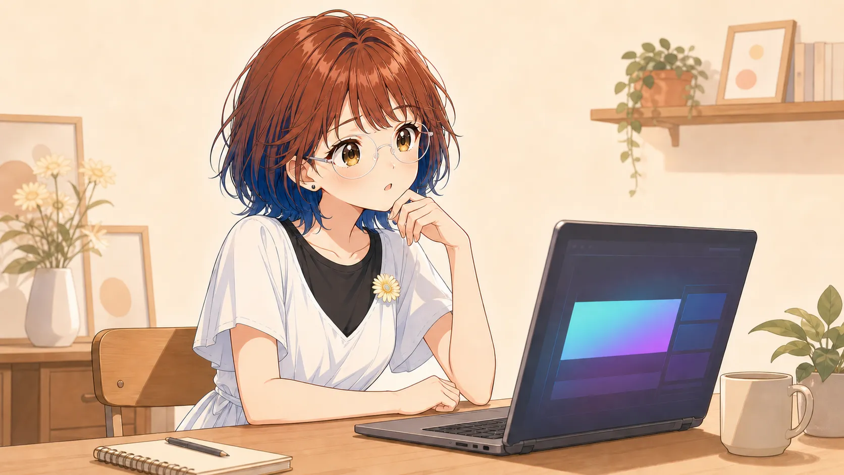 suzuminがノートPCの画面に映るシアン×紫のグラデーションUIを見て困った顔をしているイラスト