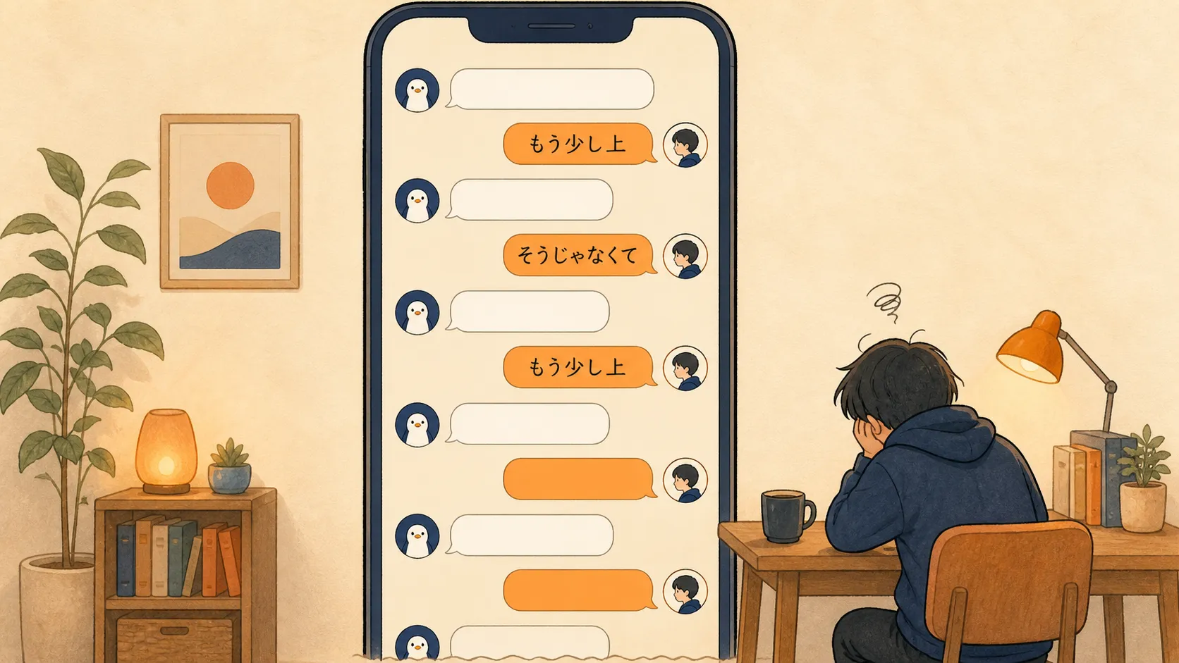 「もう少し上」「そうじゃなくて」というメッセージが延々と続くチャット画面と、机で頭を抱える人物