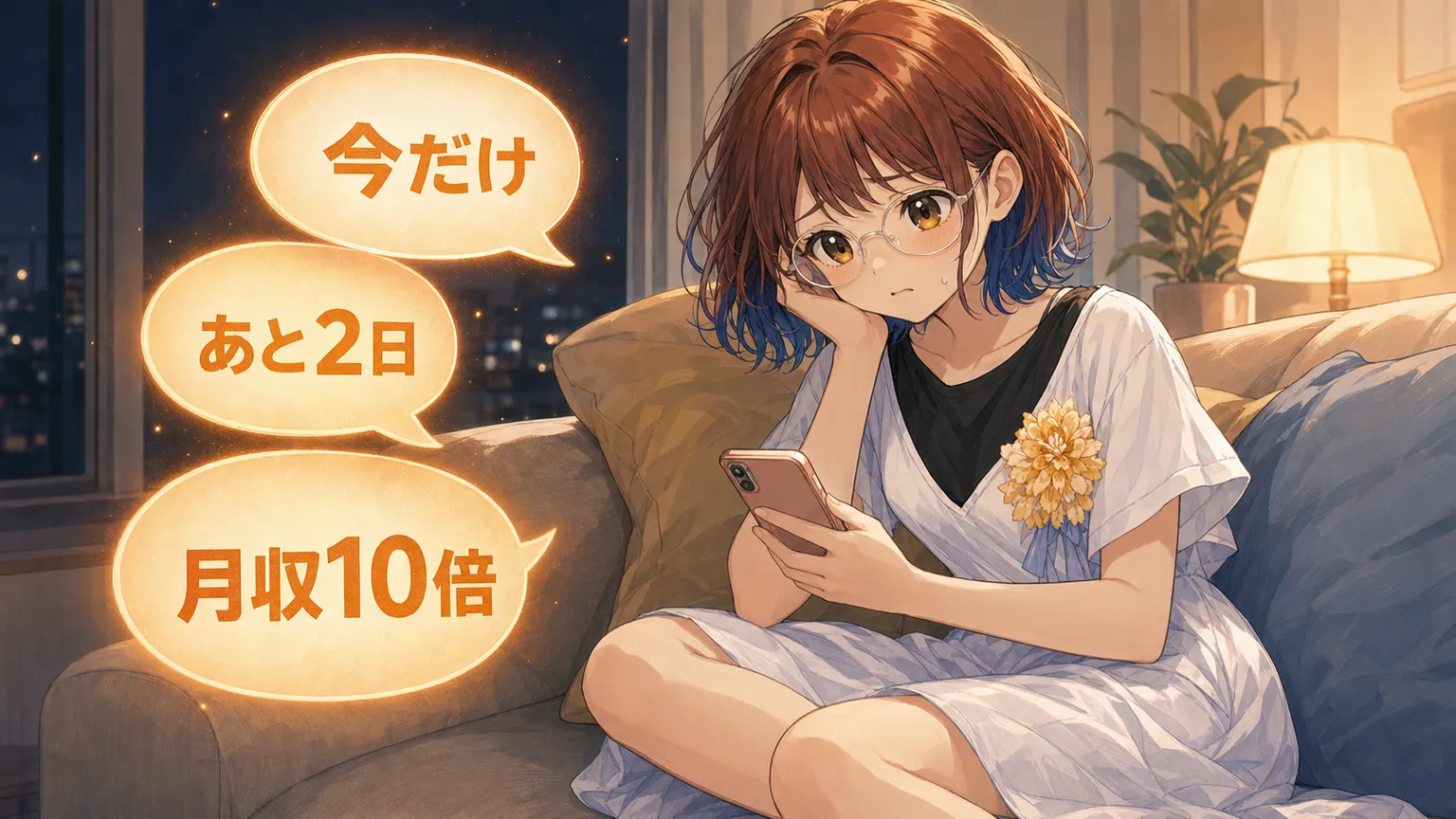 夜のソファで「今だけ」「あと2日」「月収10倍」の吹き出しに囲まれて疲れるsuzumin
