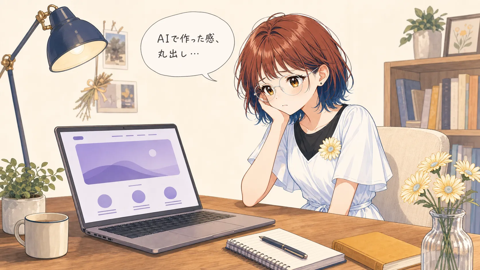 AIで作ったサイトが安っぽく見えて落ち込む人物のイラスト「AIで作った感、丸出し…」