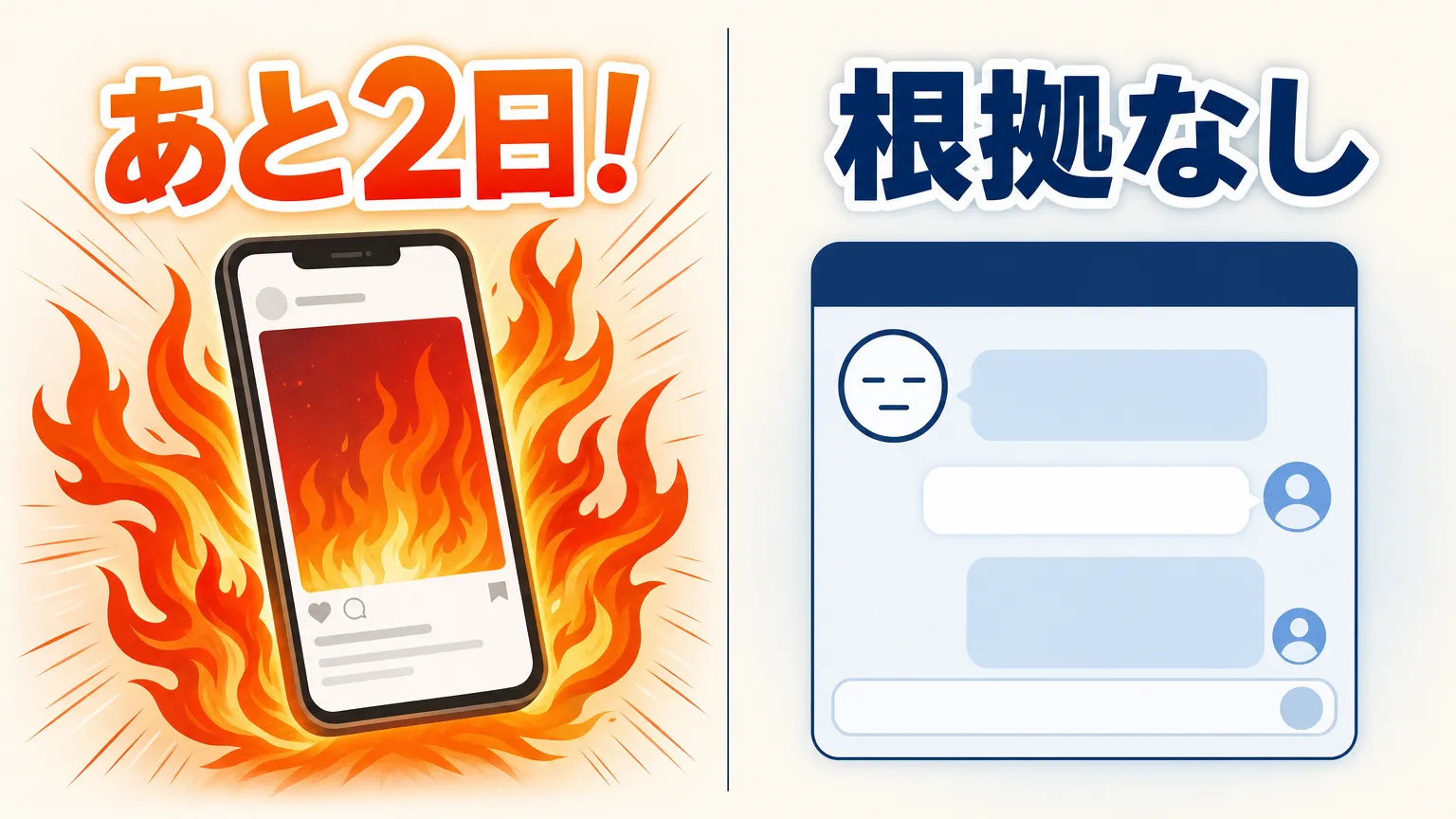 炎上する「あと2日！」の煽り投稿と、冷静な「根拠なし」AI判定の比較図