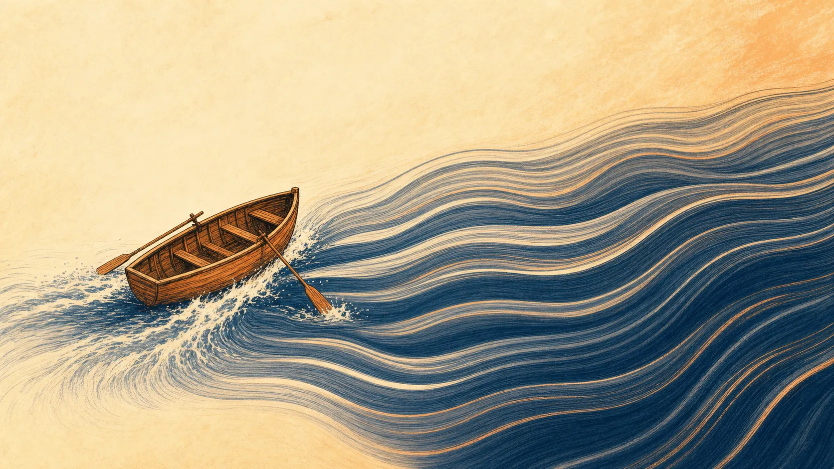 大きな市場の流れに小舟で挑む比喩イラスト