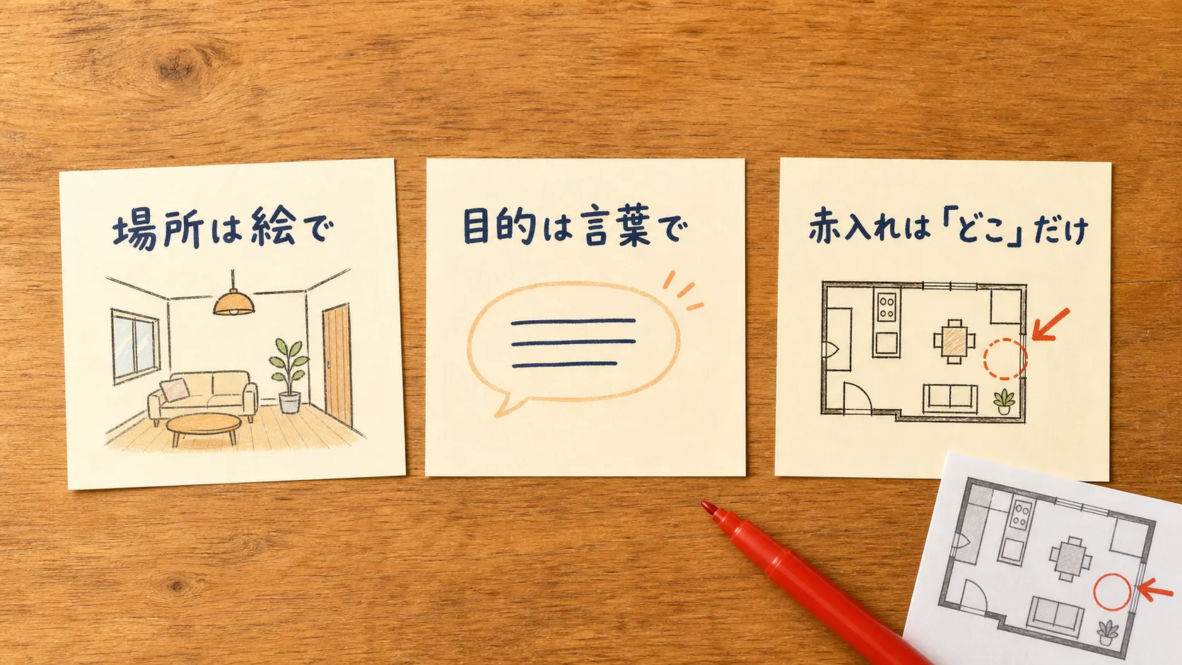 「場所は絵で」「目的は言葉で」「赤入れは『どこ』だけ」と書かれた3枚のメモカードと赤いペンを真上から写した画像